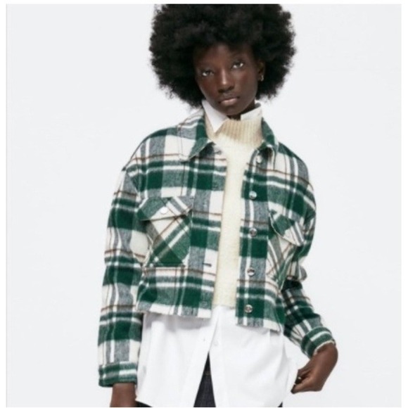 Zara Women Green Plaid Cropped Jacket Shacket Sz M Button Up Cozy Wool Blend - Picture 1 of 6